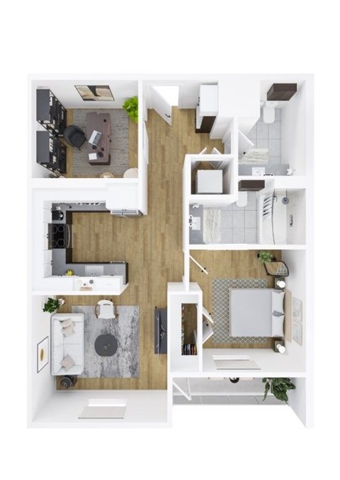 Floor plan for 1 bed, 1.5 baths, 805 sqft